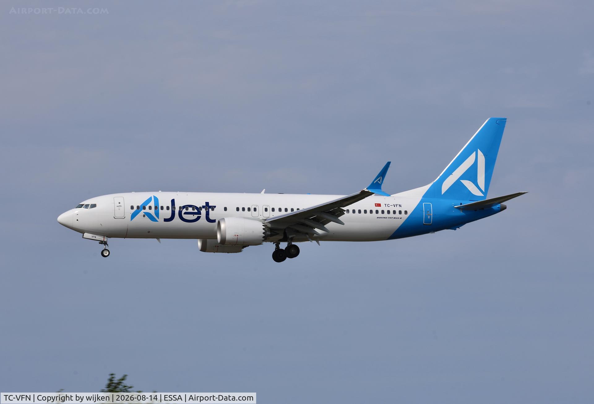 Aircraft TC-VFN, 2026 Boeing 737-8 MAX, c/n 62945 l/n 9713, Rwy 19L, at ESSA, photo by wijken