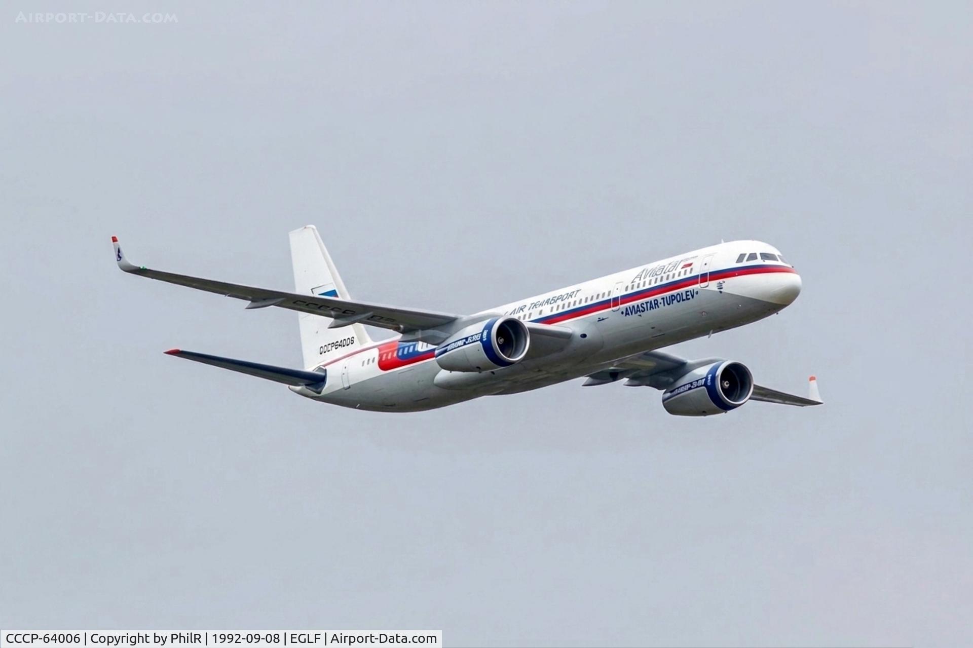 Aircraft CCCP-64006, 1992 Tupolev TU-204-120, c/n 145074-3164006, CCCP64006 1992 Tu-204 Bravia SBAC, at EGLF, photo by PhilR