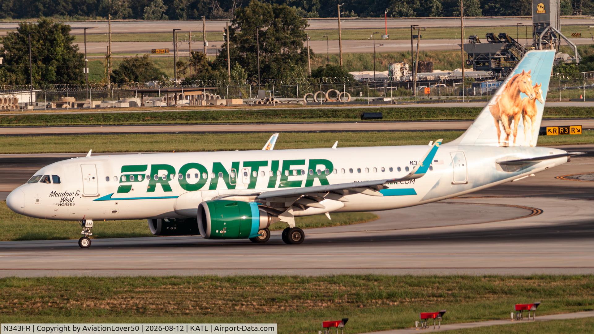 Aircraft N343FR, 2018 Airbus A320-251N, c/n 8580, Frontier Meadow & West the Horses A320neo, at KATL, photo by AviationLover50