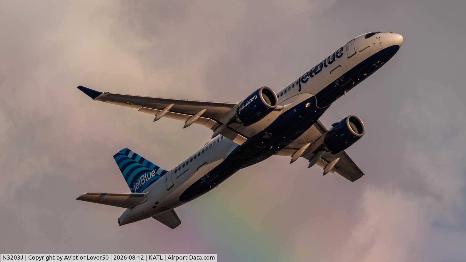 Aircraft N3203J, 2024 Airbus A220-371, c/n 55289, jetBlue A223 crossing paths with a rainbow, at KATL, photo by AviationLover50