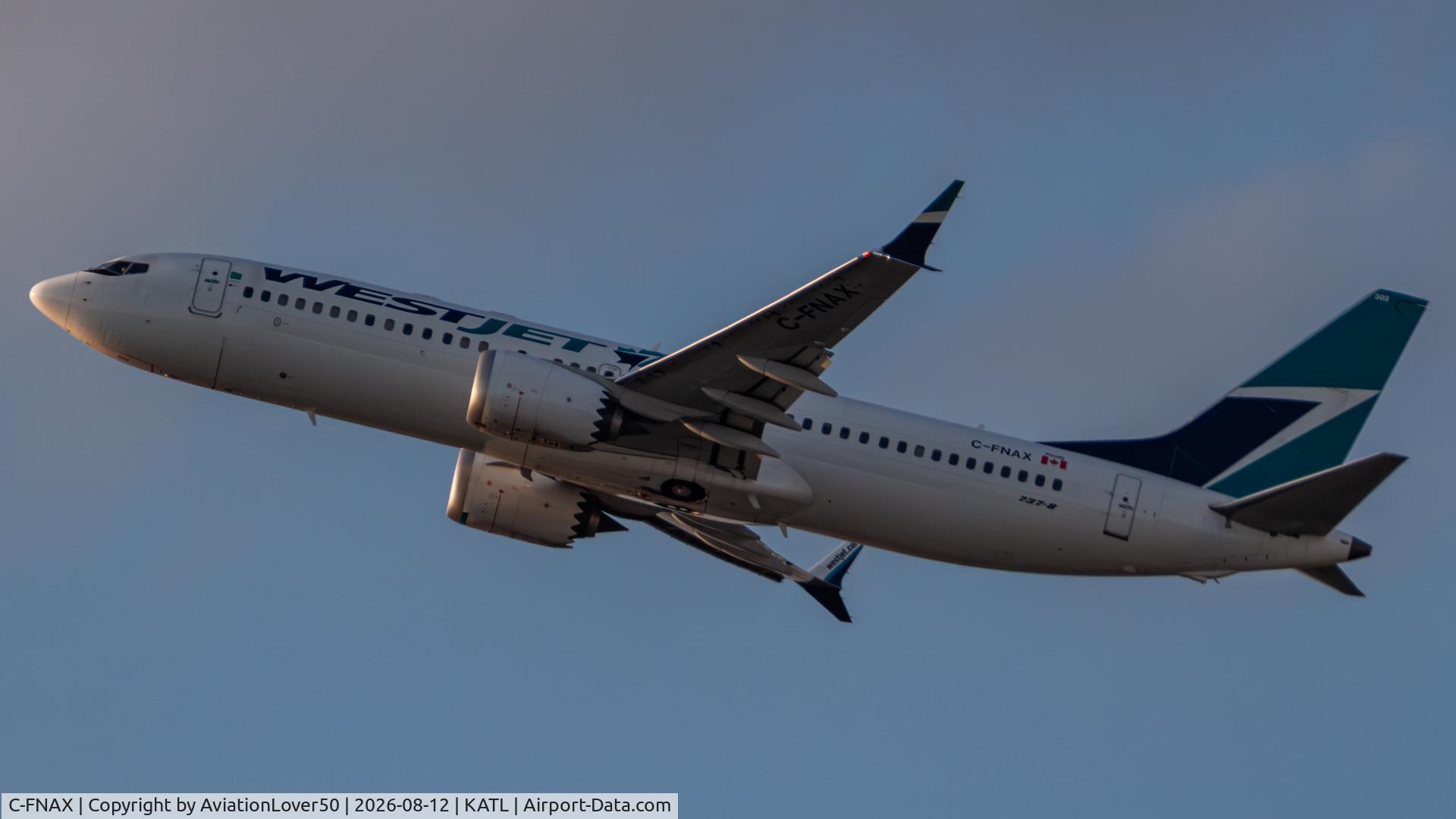 Aircraft C-FNAX, 2017 Boeing 737-8, c/n 60511, WestJet MAX 8, at KATL, photo by AviationLover50