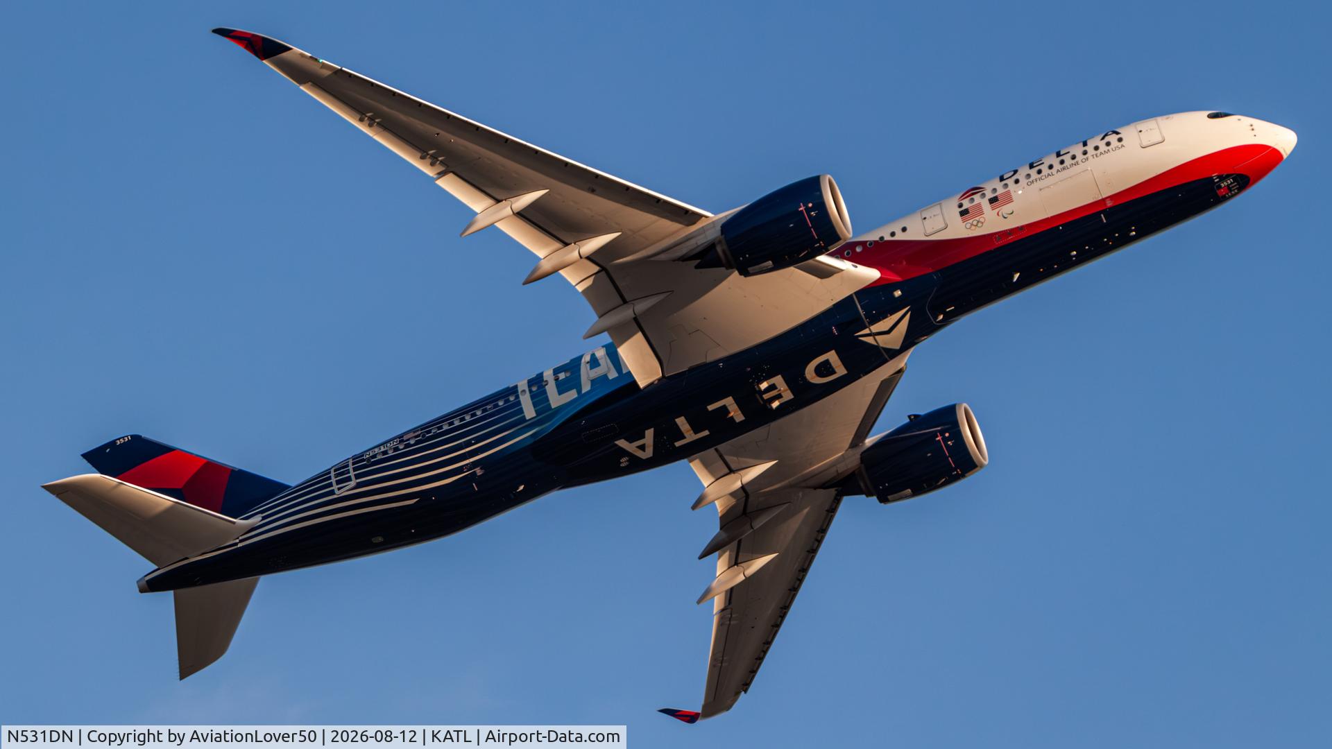 Aircraft N531DN, 2025 Airbus A350-941, c/n 755, Delta Team USA Cortina A359, at KATL, photo by AviationLover50