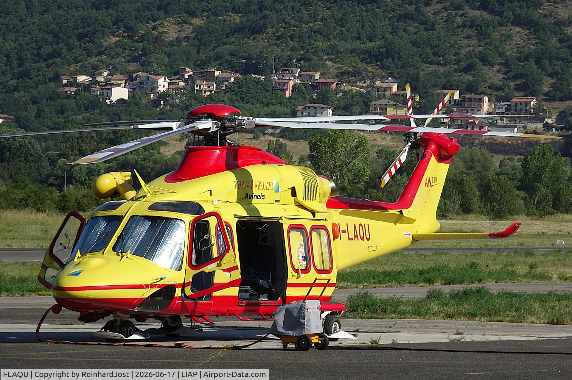 Aircraft I-LAQU, 2016 Leonardo AW-139, c/n 31752, With Regione Abruzzo - Avincis titles awaiting the next duty at L'Aquila, Italy, at LIAP, photo by ReinhardJost