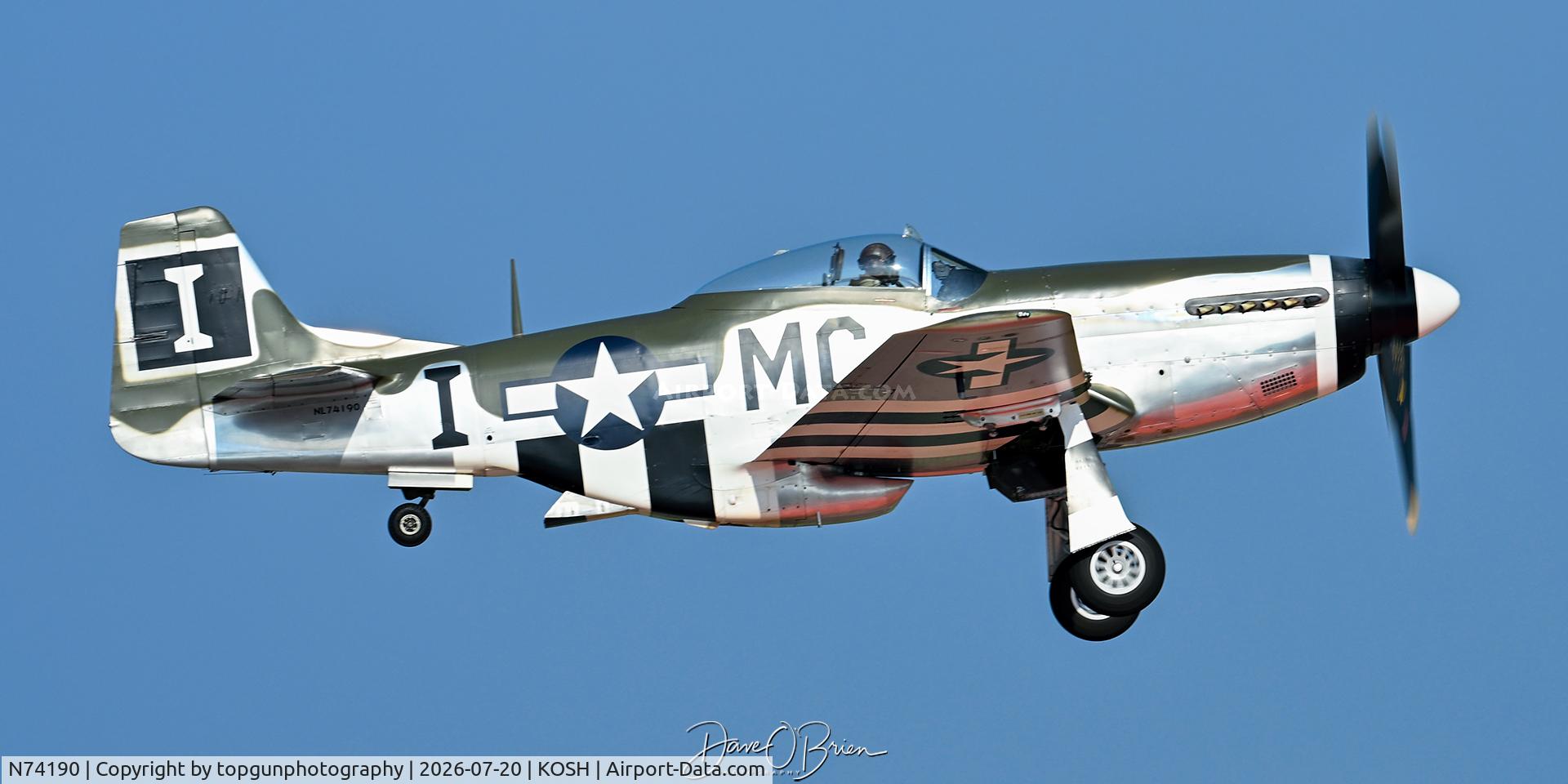 Aircraft N74190, 1944 North American F-51D Mustang, c/n 44-75452, HAPPY JACKS departs for the Heritage Flight, at KOSH, photo by topgunphotography