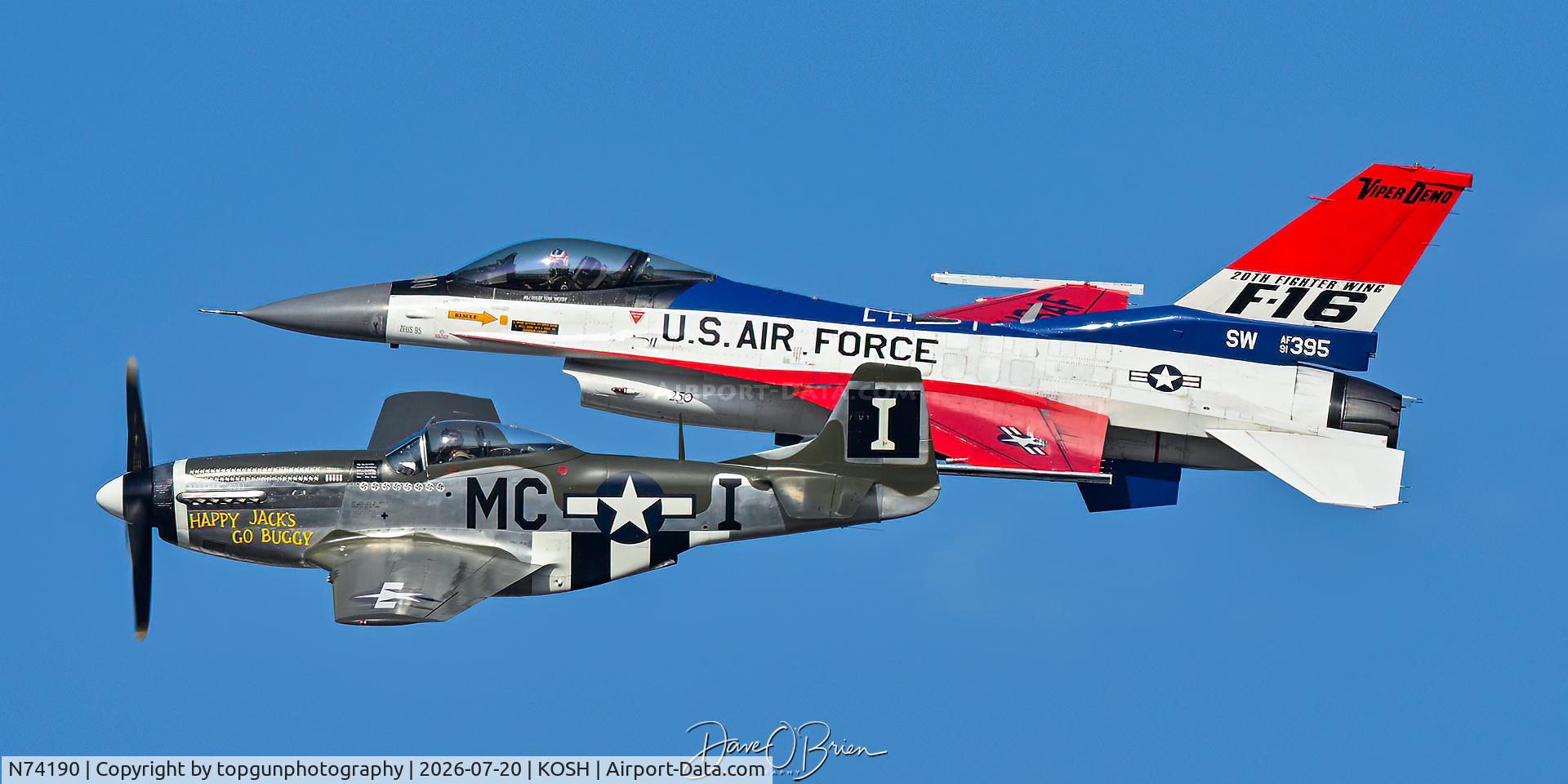 Aircraft N74190, 1944 North American F-51D Mustang, c/n 44-75452, HAPPY JACK's with the Viper Demo jet for the Heritage Flight, at KOSH, photo by topgunphotography