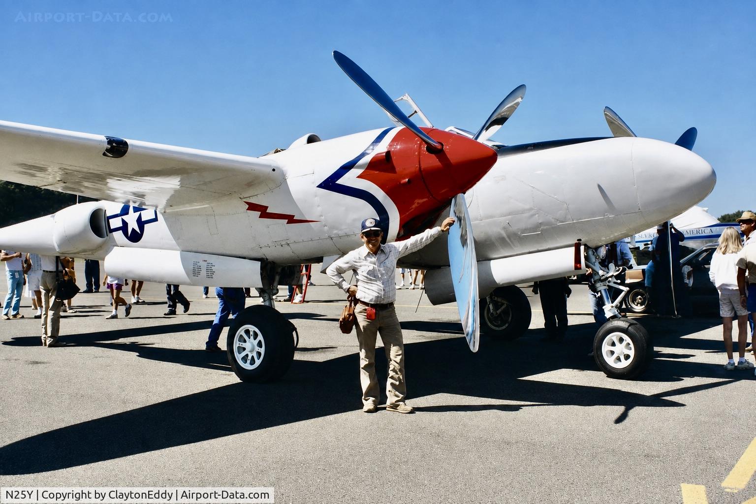 Aircraft N25Y, 1944 Lockheed P-38L-5LO Lightning, c/n AF44-53254, Might be an airport near Sacramento California late 1970's or early 1980's, photo by ClaytonEddy