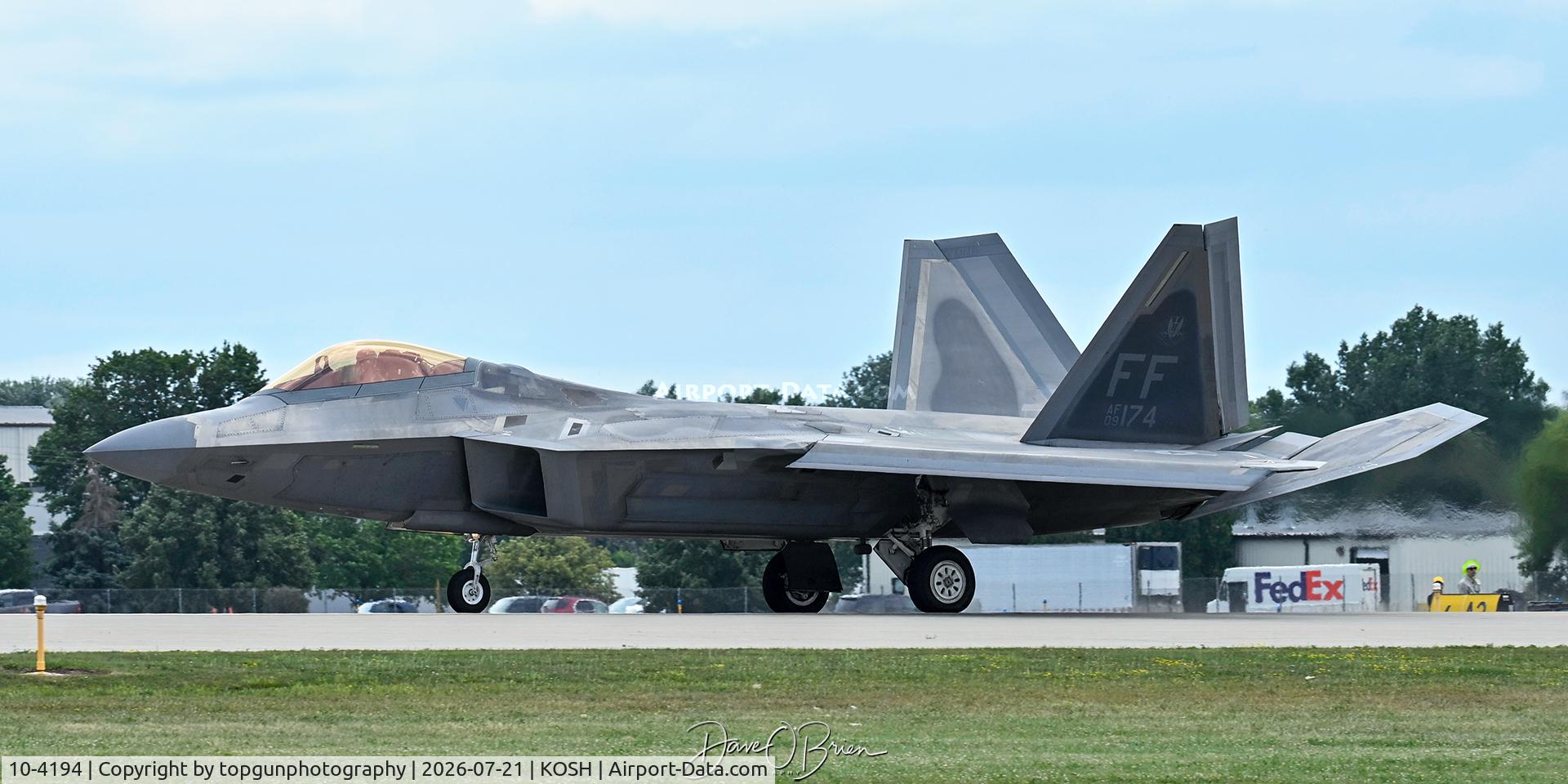 Aircraft 10-4194, Lockheed Martin F-22A Raptor, c/n 645-4194, Langley Raptor arrival, one of these had a 4 Star General inside., at KOSH, photo by topgunphotography