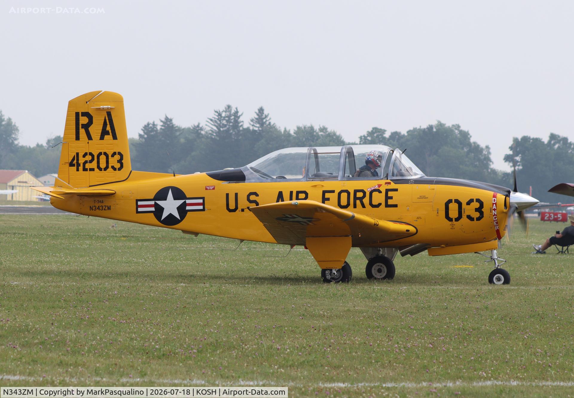 Aircraft N343ZM, 1955 Beech T-34A Mentor, c/n G-303, BeechT-34A, at KOSH, photo by MarkPasqualino
