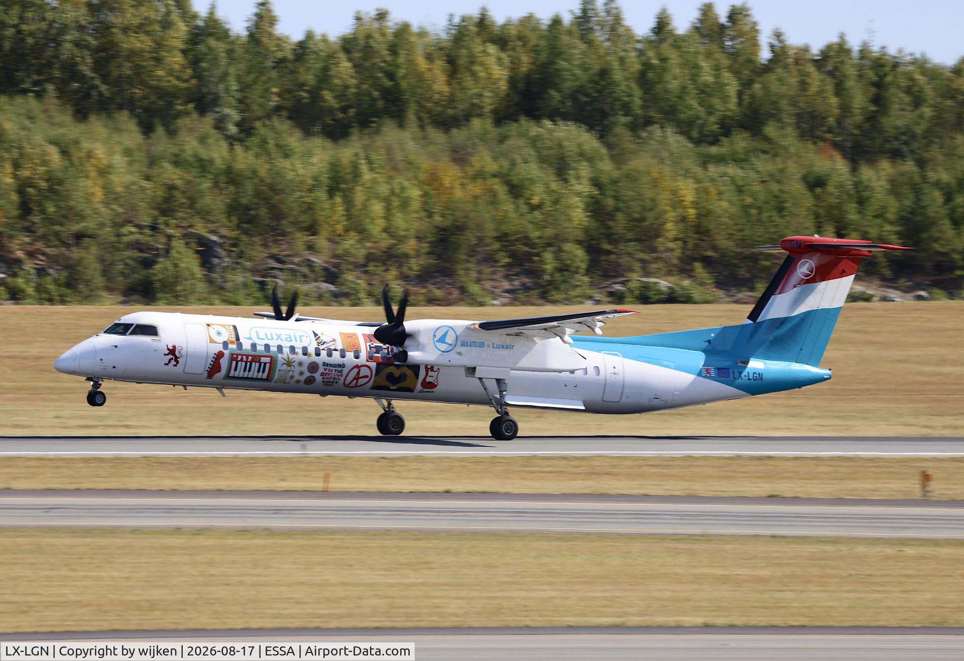 Aircraft LX-LGN, 2012 De Havilland Canada DHC-8-402Q Dash 8, c/n 4426, Rwy 01R, at ESSA, photo by wijken