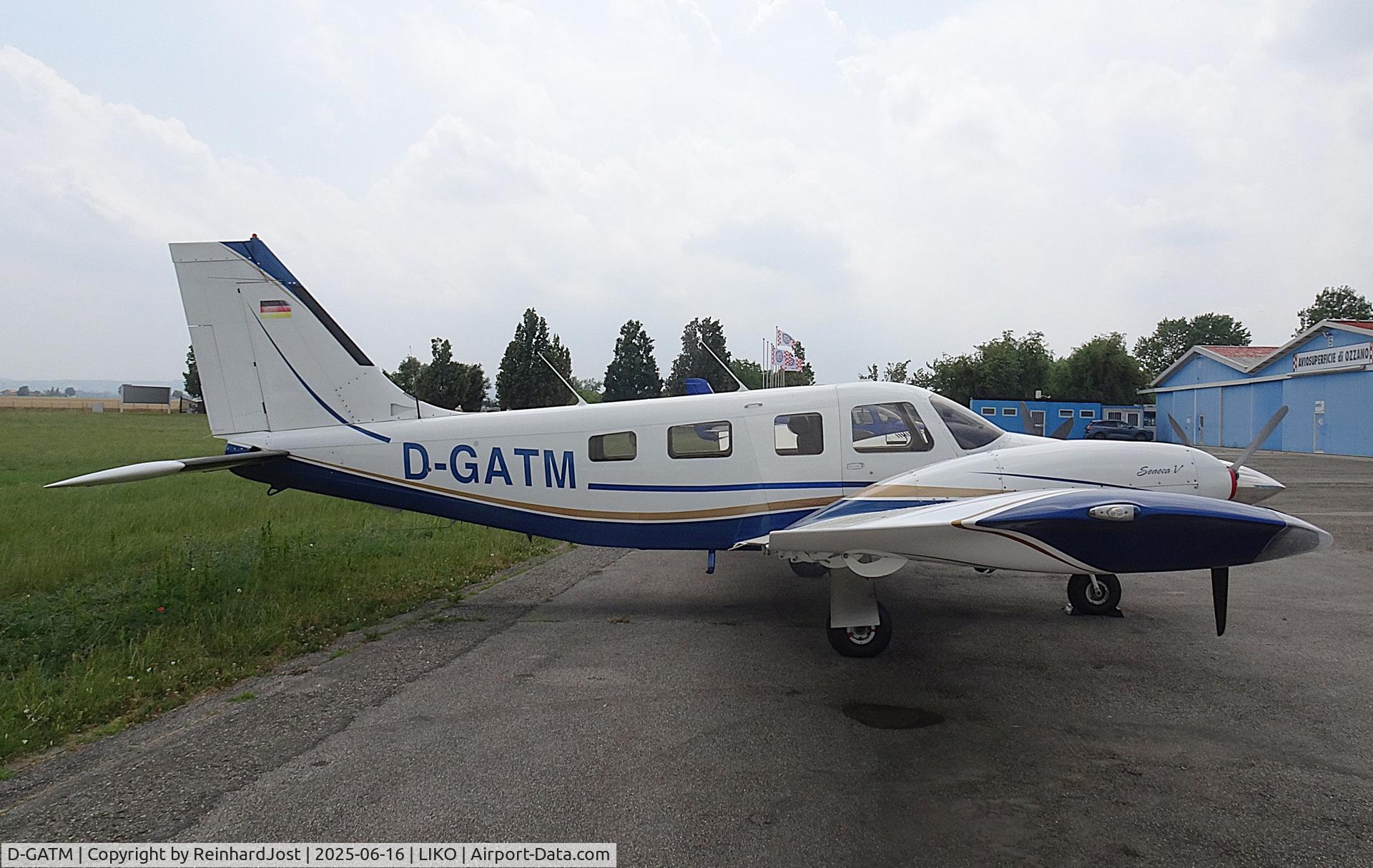 Aircraft D-GATM, 1997 Piper PA-34-220T Seneca V, c/n 34-49002, Piper Seneca at Ozzano, a training and refueling station near Bologna, Italy, at LIKO, photo by ReinhardJost