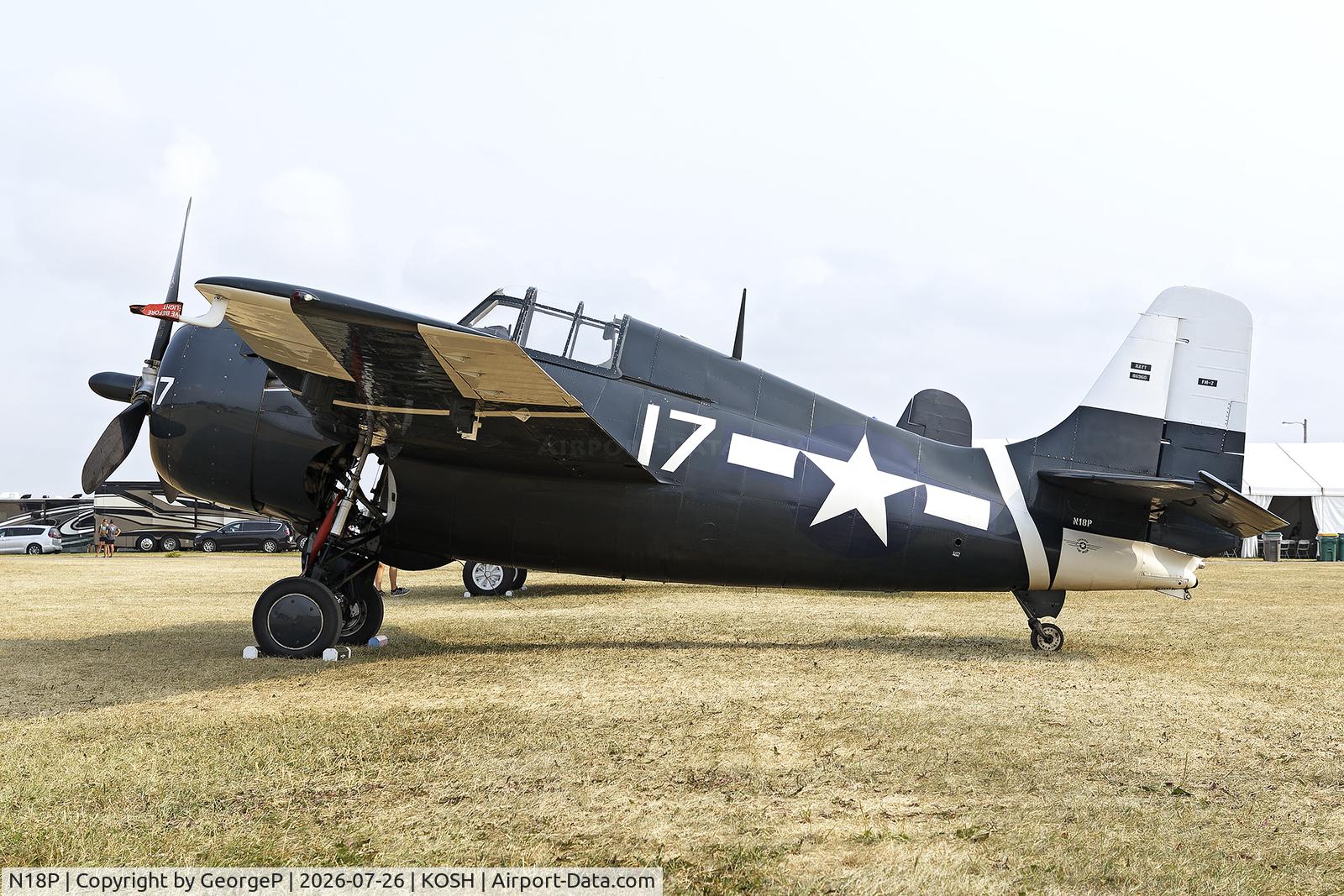 Aircraft N18P, General Motors (Grumman) FM-2 Wildcat, c/n 6014, Airventure 2026., at KOSH, photo by GeorgeP