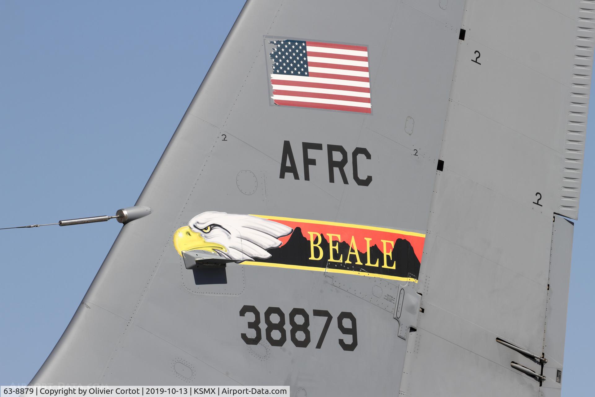 Aircraft 63-8879, 1963 Boeing KC-135R Stratotanker, c/n 18727, tail markings, at KSMX, photo by Olivier Cortot