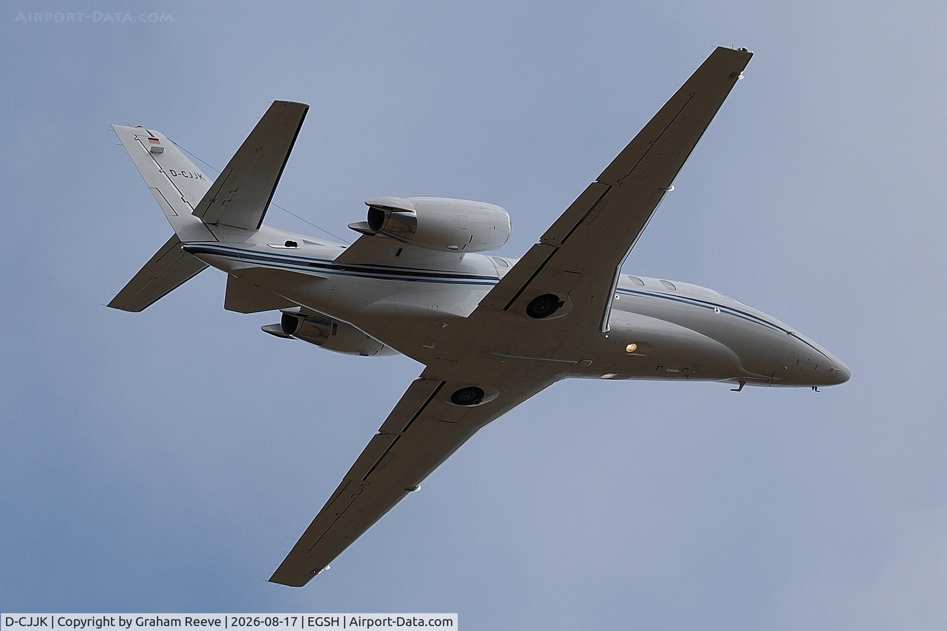 Aircraft D-CJJK, 2010 Cessna Citation 560 XLS+, c/n 560-6073, Departing from Norwich., at EGSH, photo by Graham Reeve