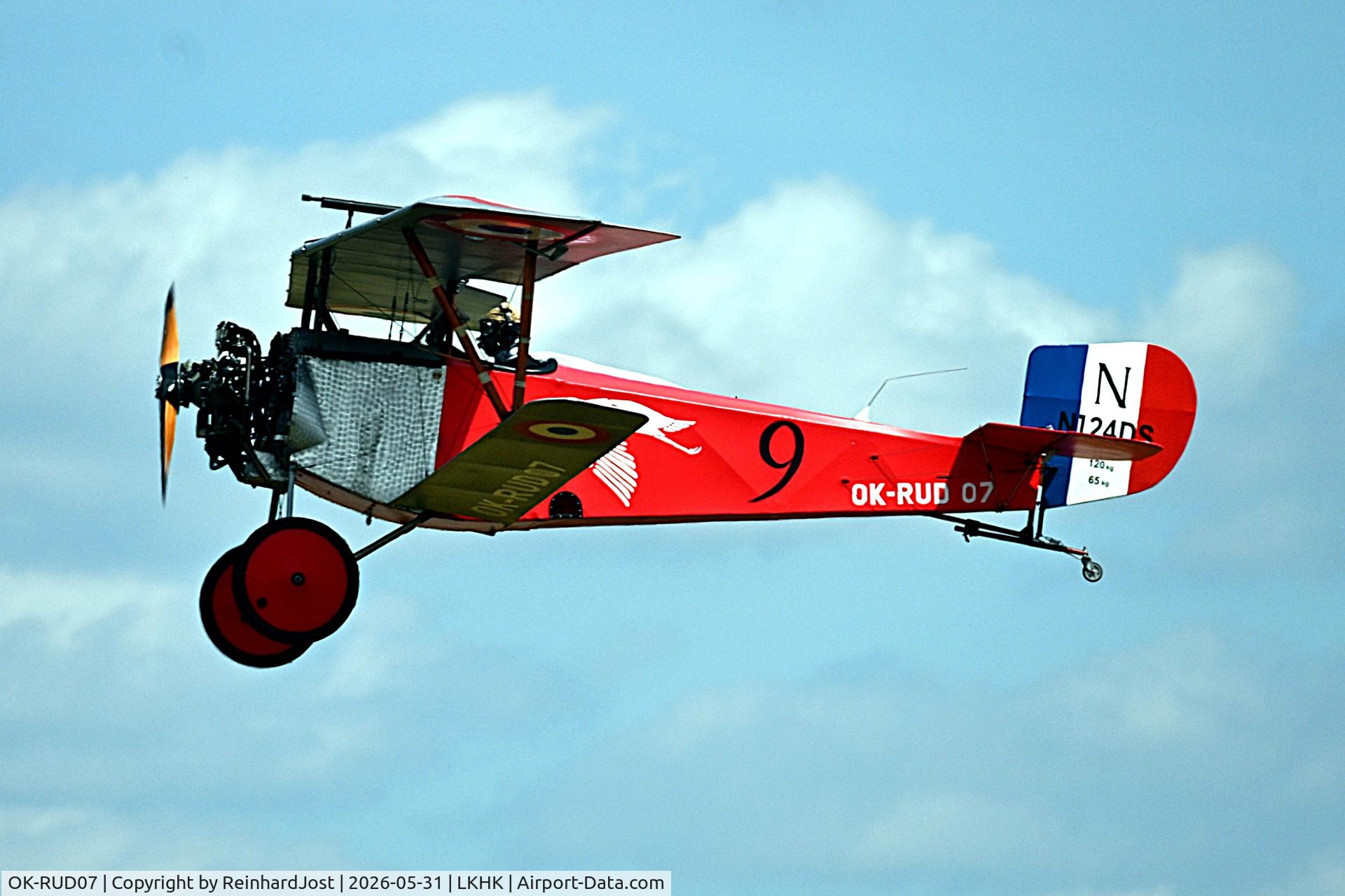 Aircraft OK-RUD07, 1986 Nieuport 11, c/n 36, Nieuport 11 Replica (OK-RUD07 / N124DS) during a simulated dogfight at the Hradec Kralove Airshow 2026, at LKHK, photo by ReinhardJost