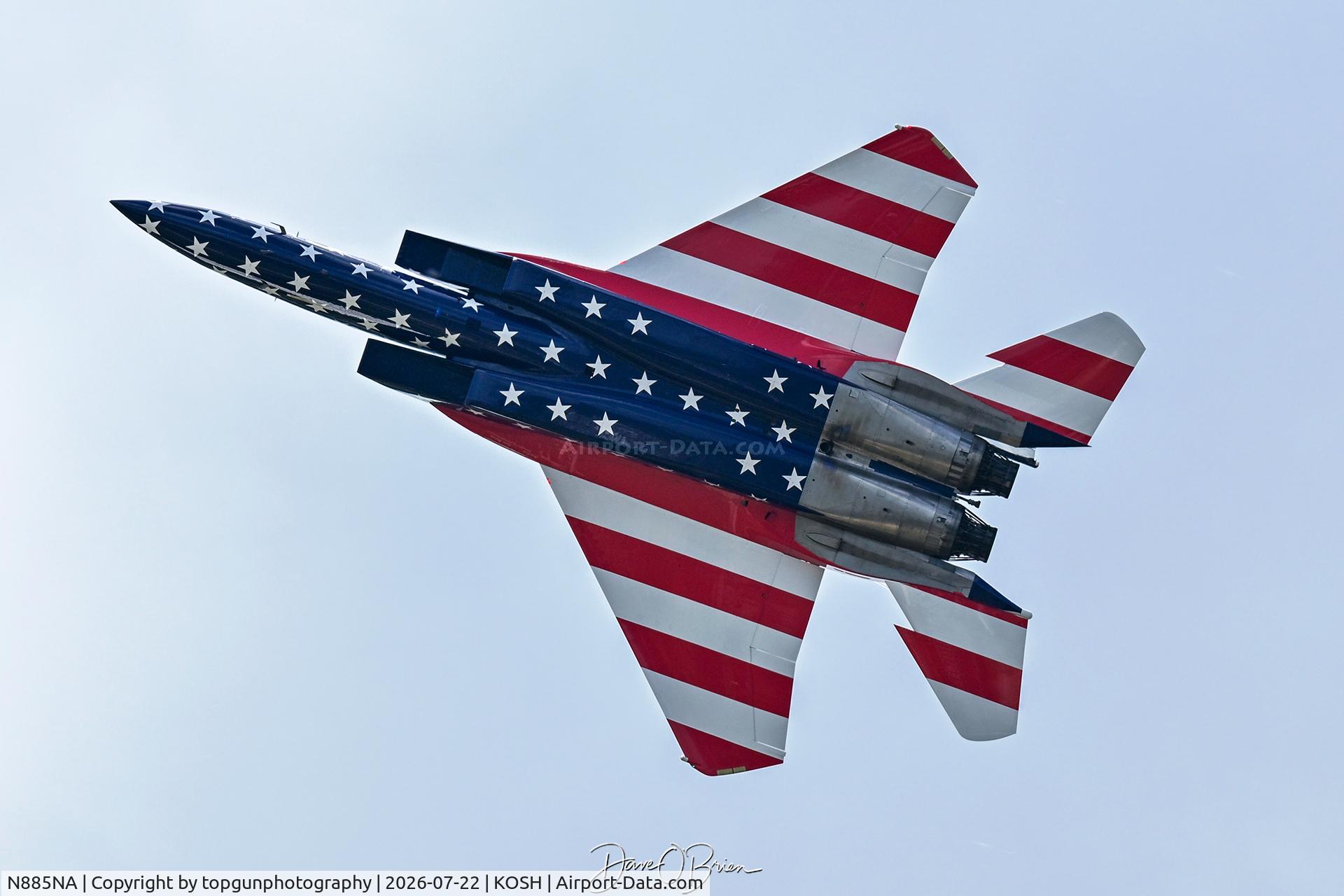 Aircraft N885NA, McDonnell Douglas F-15D Eagle, c/n 78-0565, NASA01 yanking on low approach, at KOSH, photo by topgunphotography
