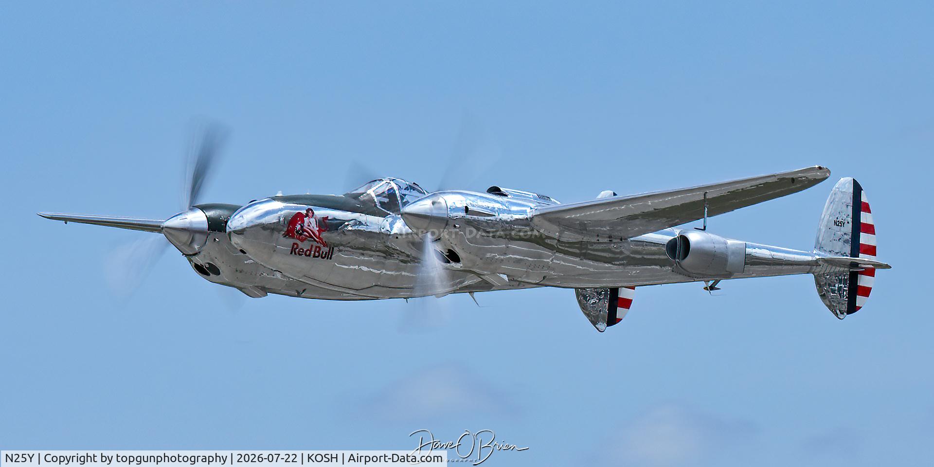 Aircraft N25Y, 1944 Lockheed P-38L-5LO Lightning, c/n AF44-53254, Red Bull P-38 Lighting, at KOSH, photo by topgunphotography