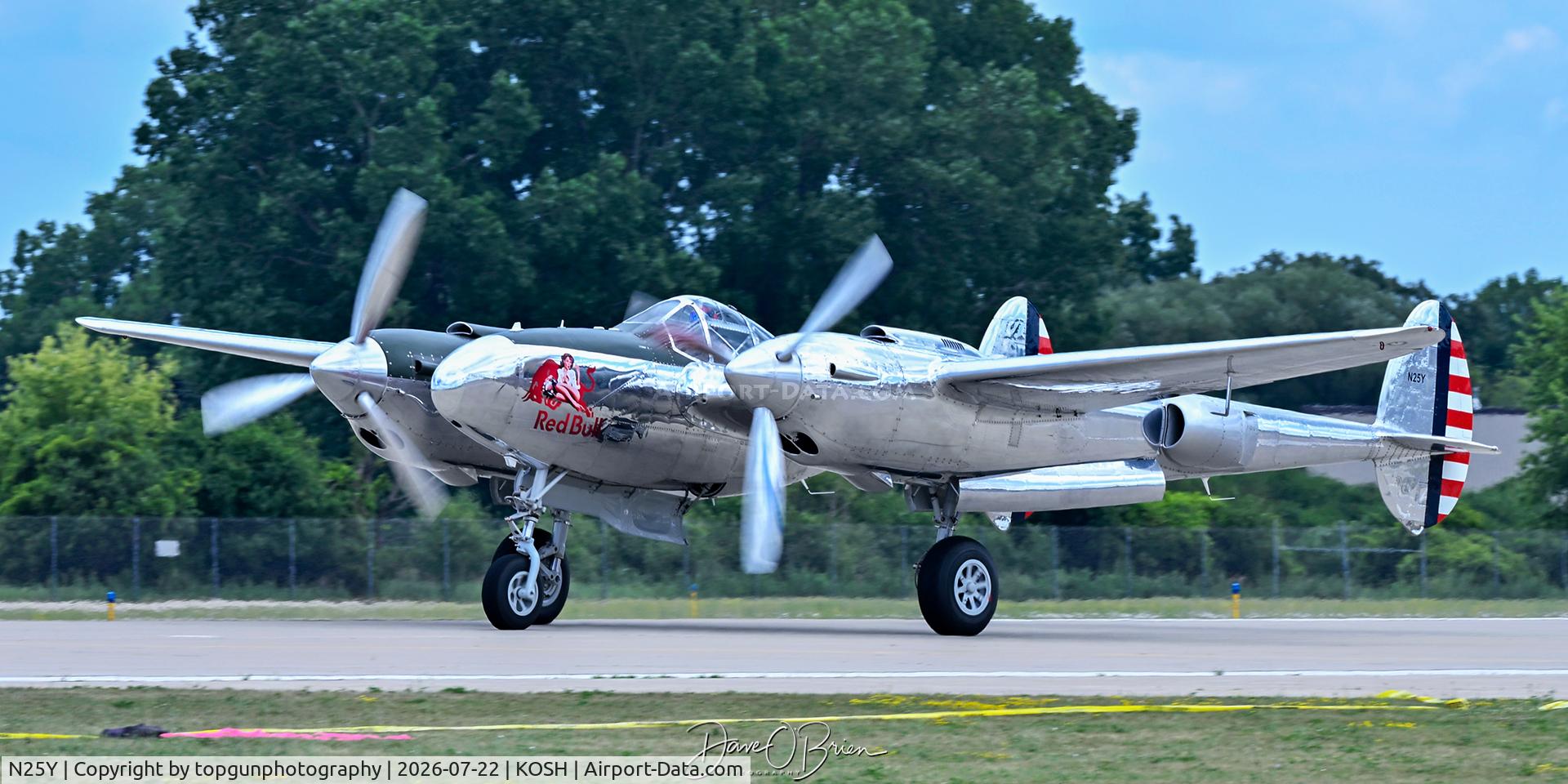 Aircraft N25Y, 1944 Lockheed P-38L-5LO Lightning, c/n AF44-53254, Red Bull, at KOSH, photo by topgunphotography