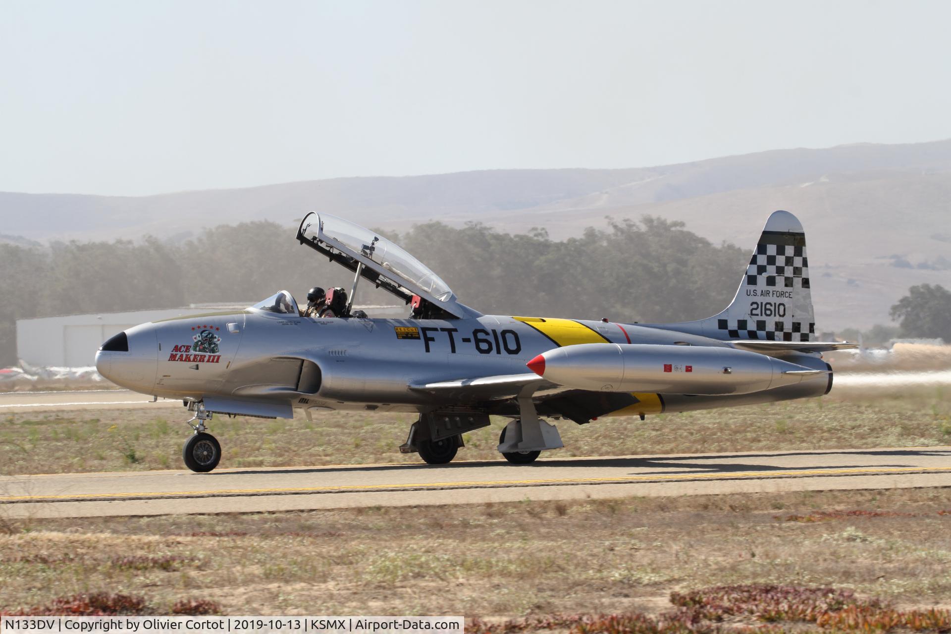 Aircraft N133DV, 1959 Canadair CT-133 Silver Star 3, c/n T33-610, 2019 airshow, at KSMX, photo by Olivier Cortot