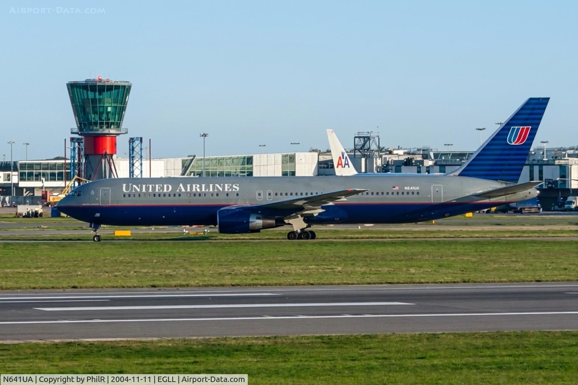Aircraft N641UA, 1991 Boeing 767-322/ER, c/n 25091 l/n 360, N641UA 1991 B767-300 United LHR, at EGLL, photo by PhilR