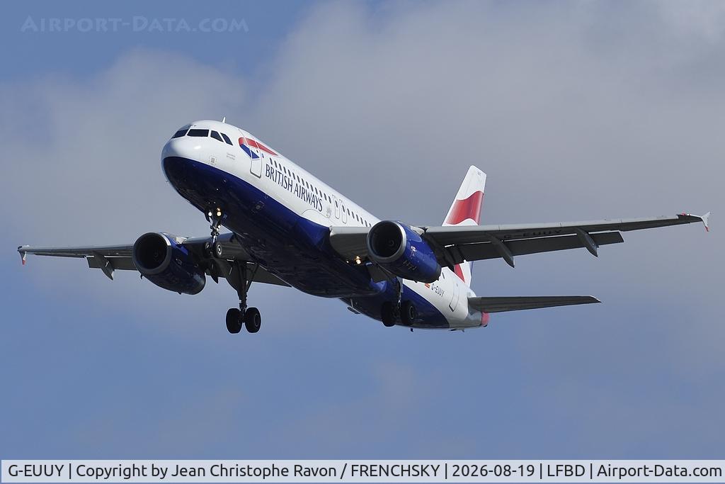 Aircraft G-EUUY, 2008 Airbus A320-232, c/n 3607, London (LGW) Bordeaux (BOD) BA2570, at LFBD, photo by Jean Christophe Ravon / FRENCHSKY