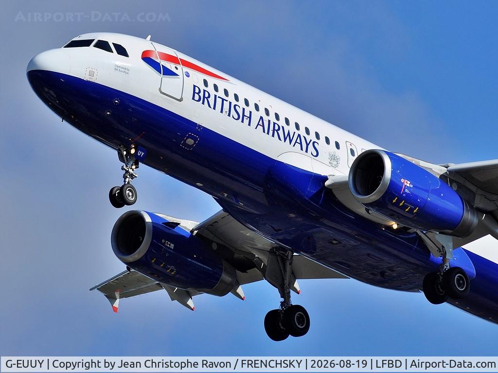 Aircraft G-EUUY, 2008 Airbus A320-232, c/n 3607, London (LGW) Bordeaux (BOD) BA2570, at LFBD, photo by Jean Christophe Ravon / FRENCHSKY
