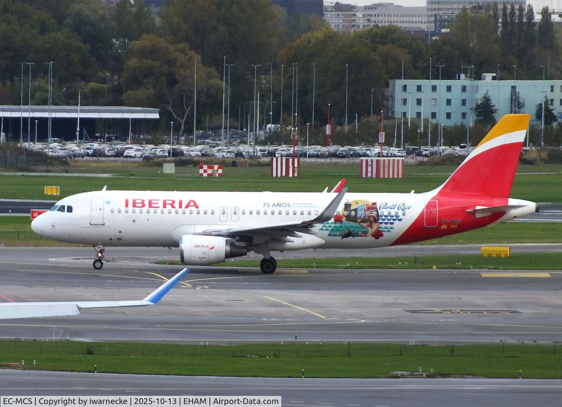 Aircraft EC-MCS, 2014 Airbus A320-214, c/n 6244, Airbus A320-214 of Iberia special '75 years flying to Puerto Rico' colours at Amsterdam Schiphol airport, at EHAM, photo by iwarnecke