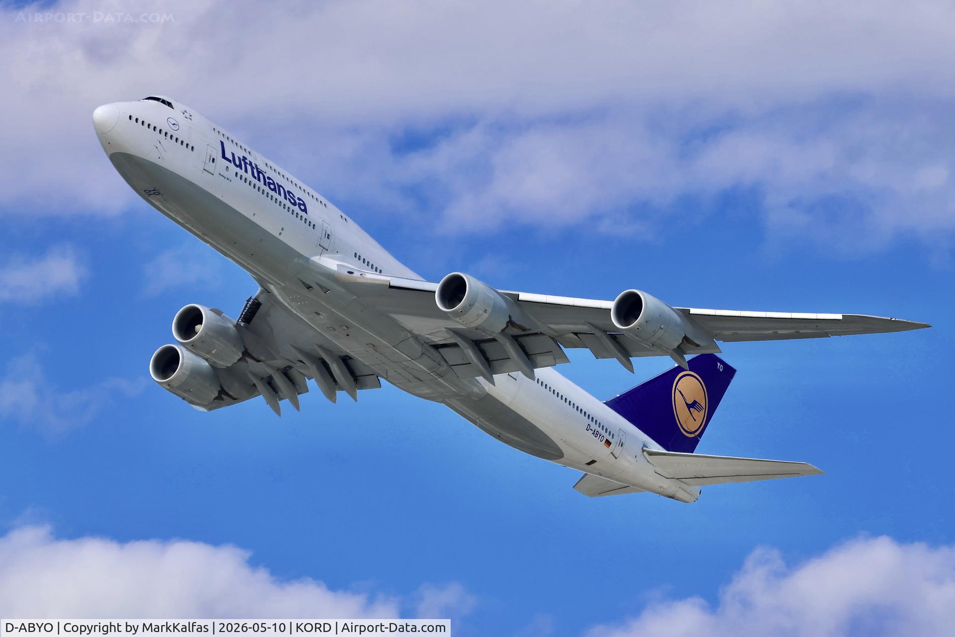 Aircraft D-ABYO, 2014 Boeing 747-830, c/n 37841 l/n 1498, B748 Lufthansa Boeing 747-830 D-ABYO departing 28R KORD, at KORD, photo by MarkKalfas