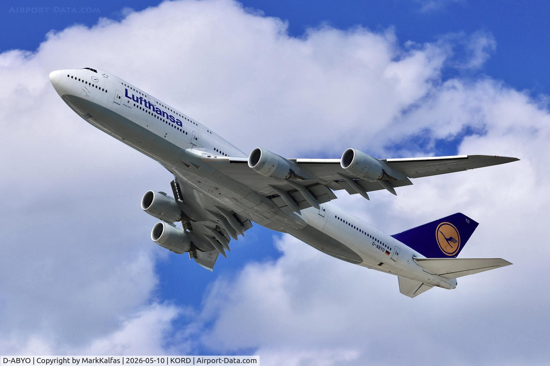 Aircraft D-ABYO, 2014 Boeing 747-830, c/n 37841 l/n 1498, B748 Lufthansa Boeing 747-830 D-ABYO departing 28R KORD, at KORD, photo by MarkKalfas