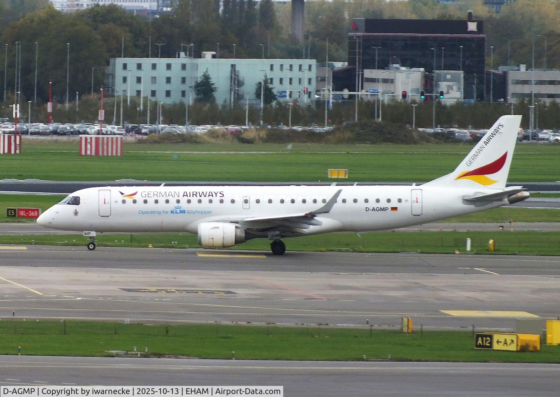 Aircraft D-AGMP, 2009 Embraer 190AR (ERJ-190-100IGW), c/n 19000329, EMBRAER 190AR (ERJ-190-100IGW) of German Airways (flying for KLM Cityhopper) at Amsterdam Schiphol airport, at EHAM, photo by iwarnecke
