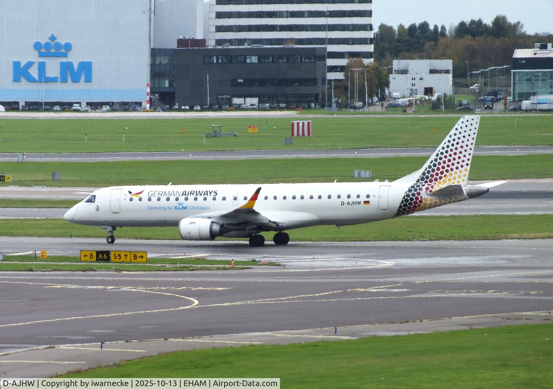 Aircraft D-AJHW, 2006 Embraer 190LR (ERJ-190-100LR), c/n 19000061, EMBRAER 190LR (ERJ-190-100LR) of German Airways (flying for KLM Cityhopper) at Amsterdam Schiphol airport, at EHAM, photo by iwarnecke