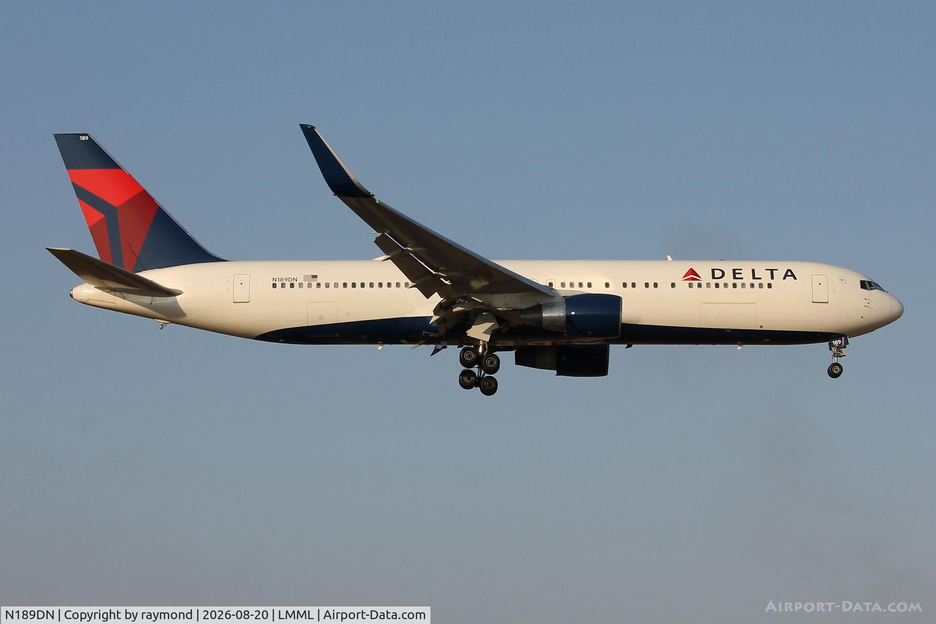 Aircraft N189DN, 1996 Boeing 767-332, c/n 25990 l/n 646, Delta Air Lines Boeing 767-332 reg N189DN on final approach, landing in Malta RW31 from JFK., at LMML, photo by raymond