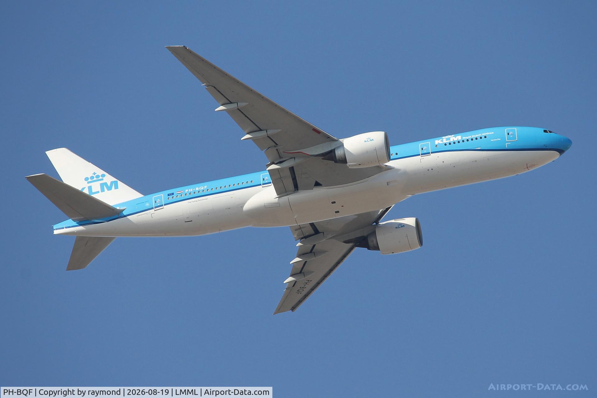 Aircraft PH-BQF, 2004 Boeing 777-206/ER, c/n 29398 l/n 474, Boeing 777-206/ER regg PH-BQF of KLM on the climbout of RW31 departing Malta., at LMML, photo by raymond