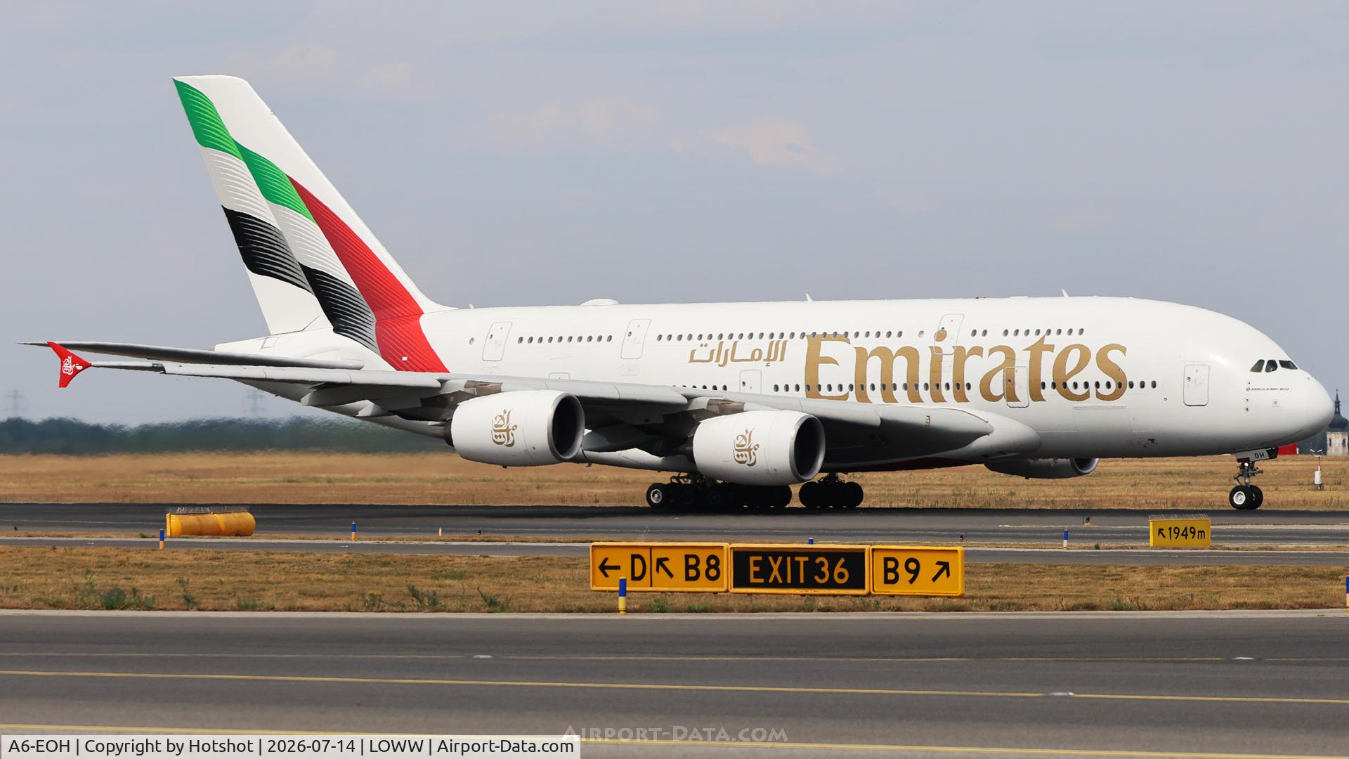 Aircraft A6-EOH, 2014 Airbus A380-861, c/n 174, Rolling for departure on runway 16 at about V1, at LOWW, photo by Hotshot