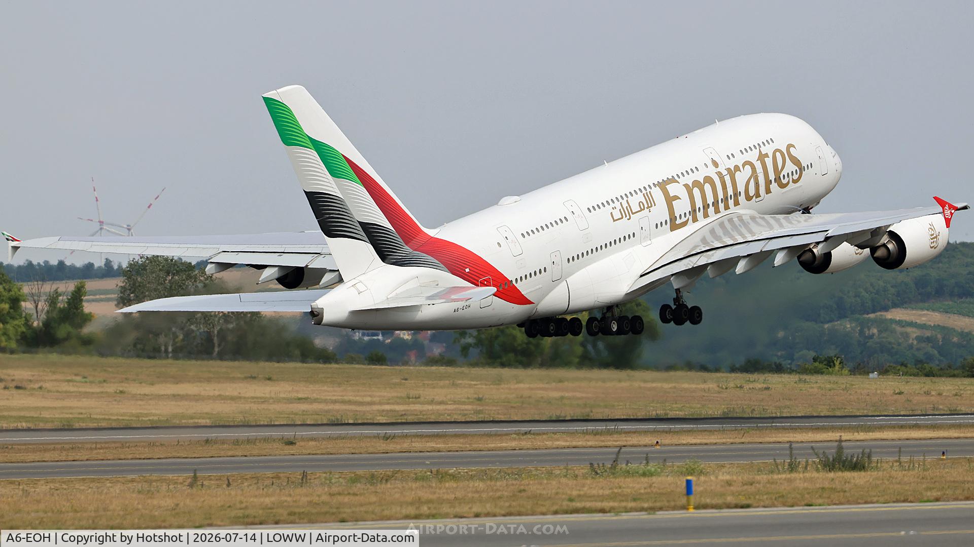 Aircraft A6-EOH, 2014 Airbus A380-861, c/n 174, About at V2 from runway 16, at LOWW, photo by Hotshot