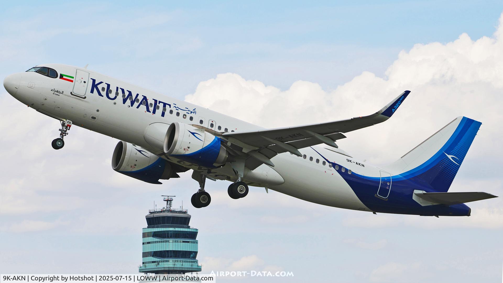 Aircraft 9K-AKN, 2019 Airbus A320-251N, c/n 9303, Departing runway 29, at LOWW, photo by Hotshot