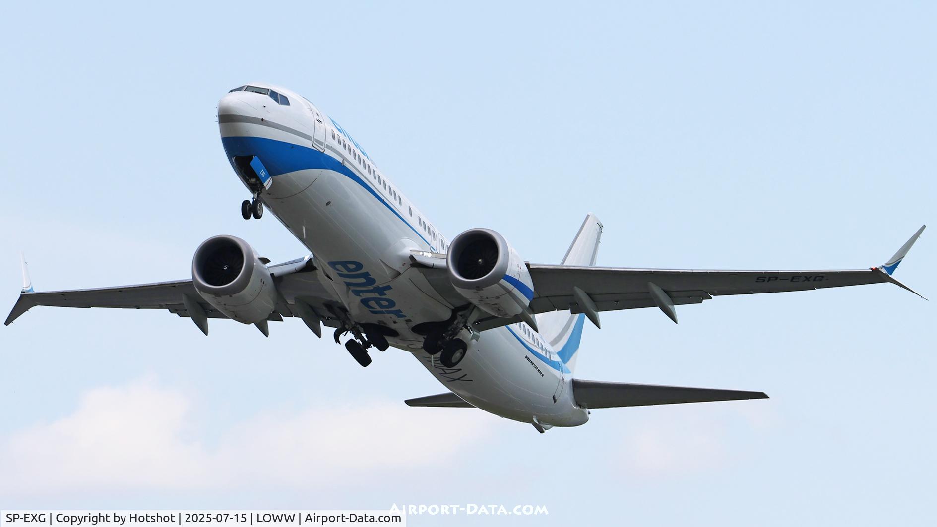 Aircraft SP-EXG, 2018 Boeing B-737-8 Max, c/n 64507 l/n 7222, Departing from runway 29, at LOWW, photo by Hotshot