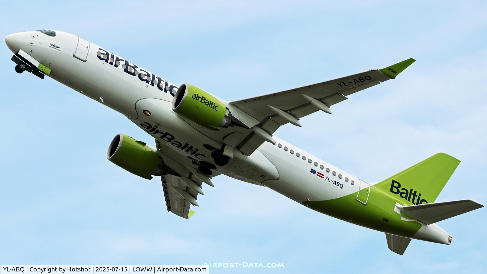 Aircraft YL-ABQ, 2023 Airbus A220-371, c/n 55238, Retracting the gear after departure from runway 29, at LOWW, photo by Hotshot