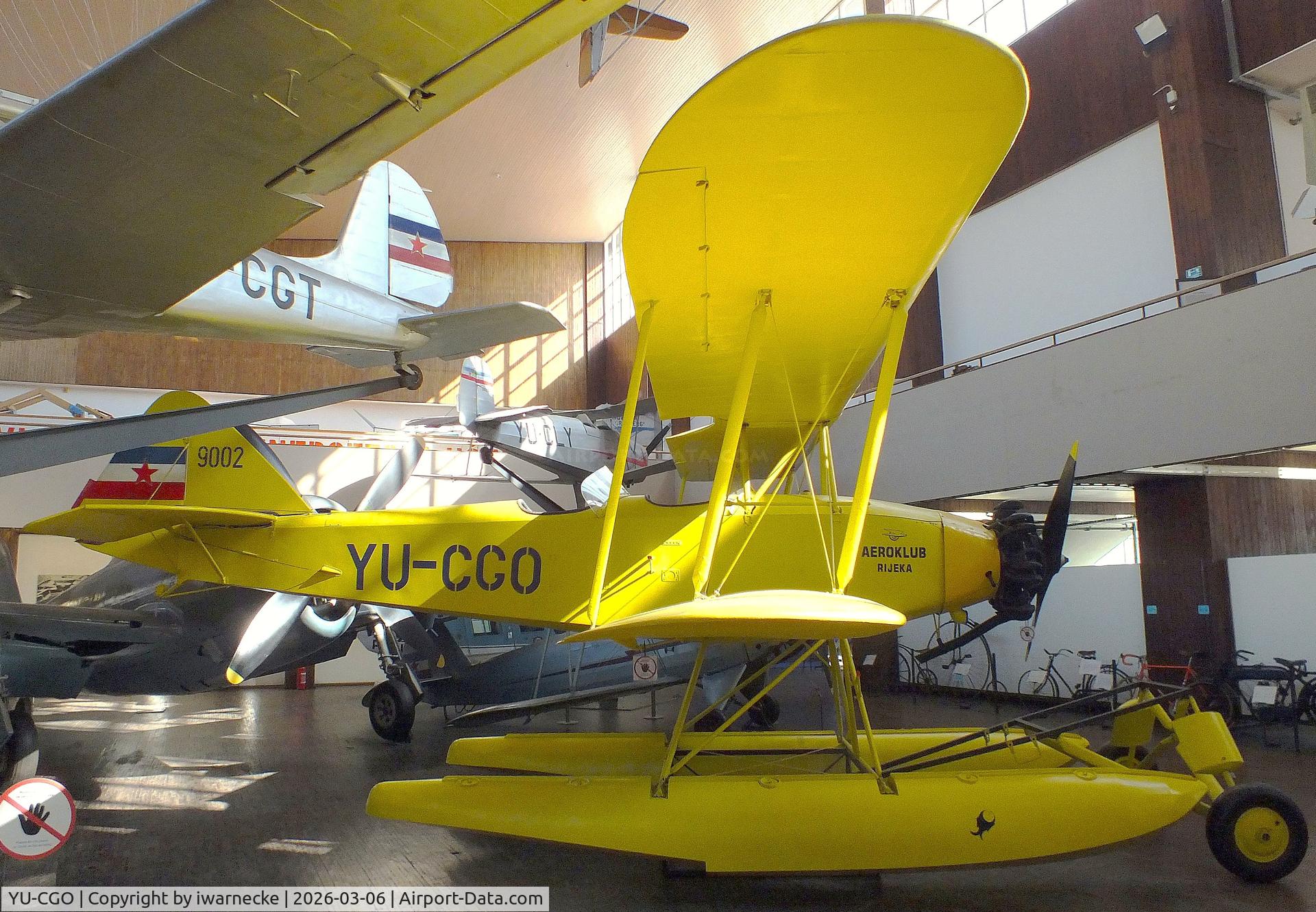 Aircraft YU-CGO, Zmaj Fizir FN Hydro, c/n 9002, Zmaj Fizir FN Hydro on floats (with wheel landing gear displayed in front of the floats) at the Technical Museum Nikola Tesla, Zagreb, photo by iwarnecke