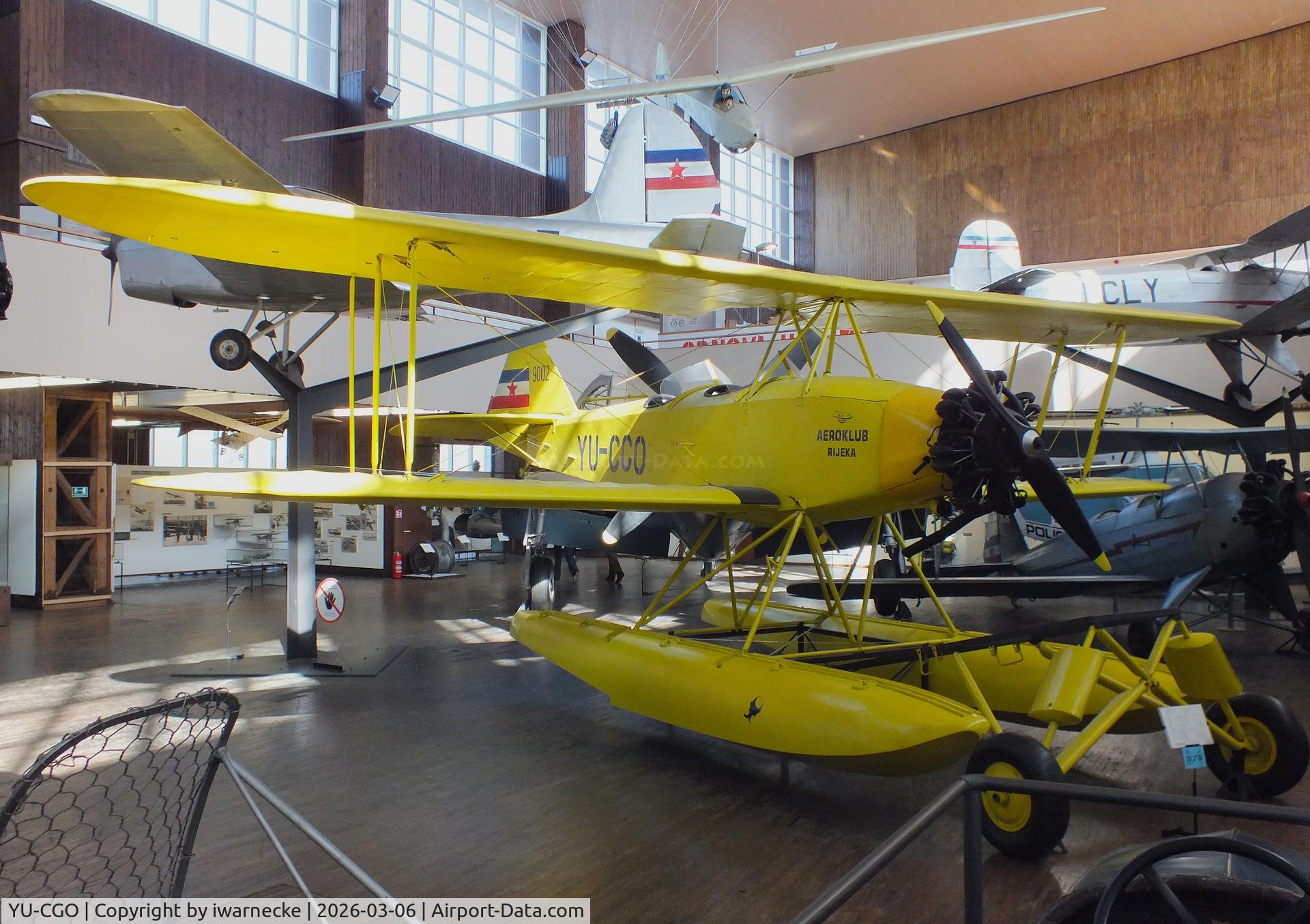 Aircraft YU-CGO, Zmaj Fizir FN Hydro, c/n 9002, Zmaj Fizir FN Hydro on floats (with wheel landing gear displayed in front of the floats) at the Technical Museum Nikola Tesla, Zagreb, photo by iwarnecke
