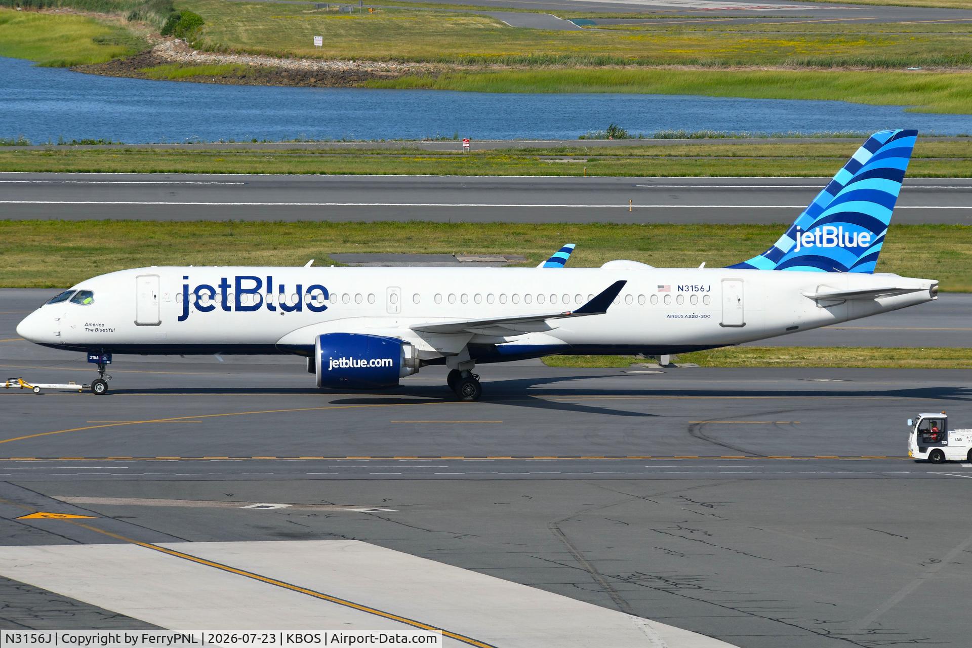 Aircraft N3156J, 2024 Airbus A220-371, c/n 55262, JetBlue A223 taxying in, at KBOS, photo by FerryPNL