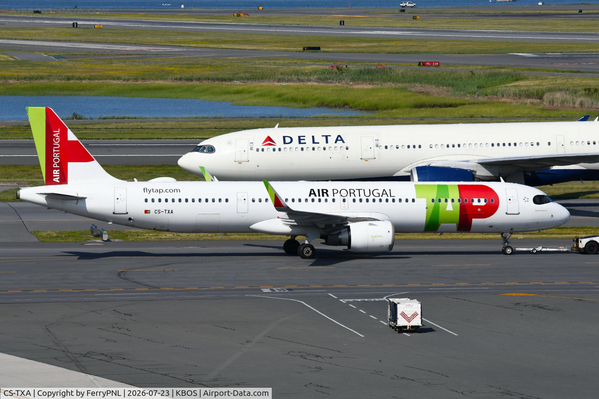 Aircraft CS-TXA, 2019 Airbus A321-251NX, c/n 8593, TAP A321N under tow to its departure gate, at KBOS, photo by FerryPNL