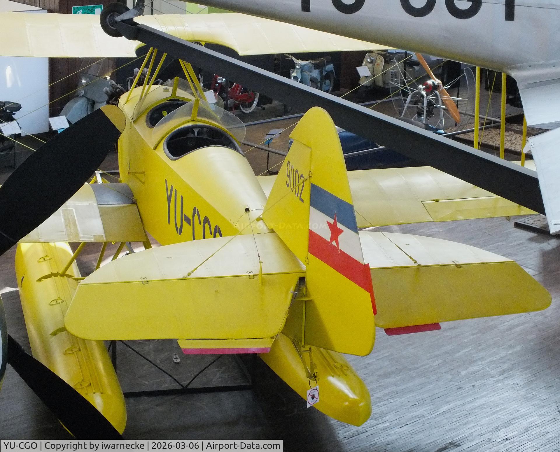 Aircraft YU-CGO, Zmaj Fizir FN Hydro, c/n 9002, Zmaj Fizir FN Hydro on floats (with wheel landing gear displayed in front of the floats) at the Technical Museum Nikola Tesla, Zagreb, photo by iwarnecke