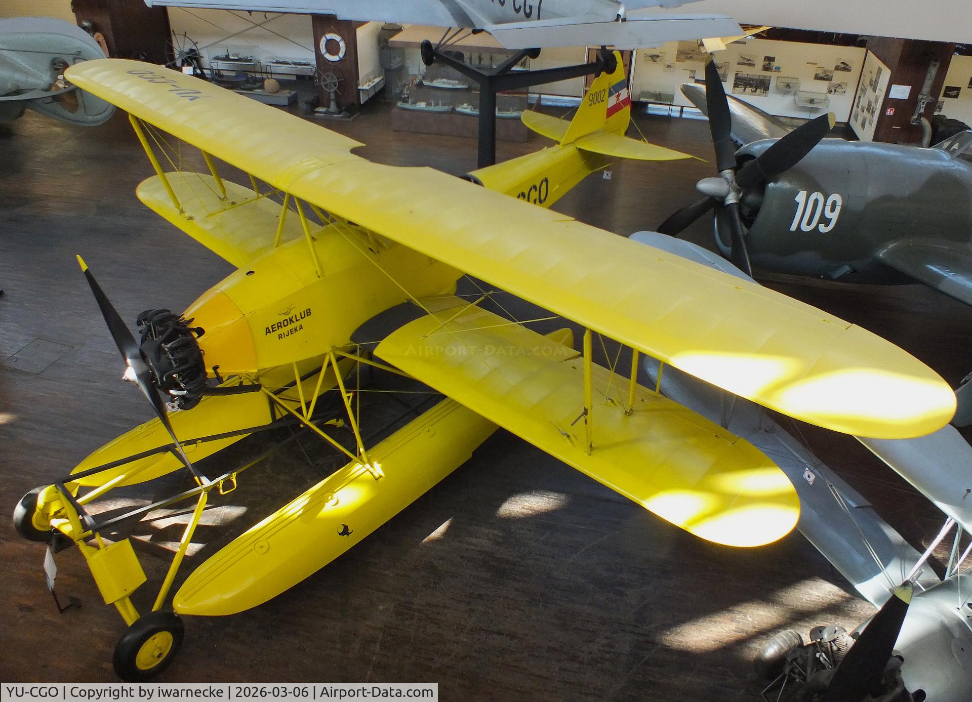 Aircraft YU-CGO, Zmaj Fizir FN Hydro, c/n 9002, Zmaj Fizir FN Hydro on floats (with wheel landing gear displayed in front of the floats) at the Technical Museum Nikola Tesla, Zagreb, photo by iwarnecke