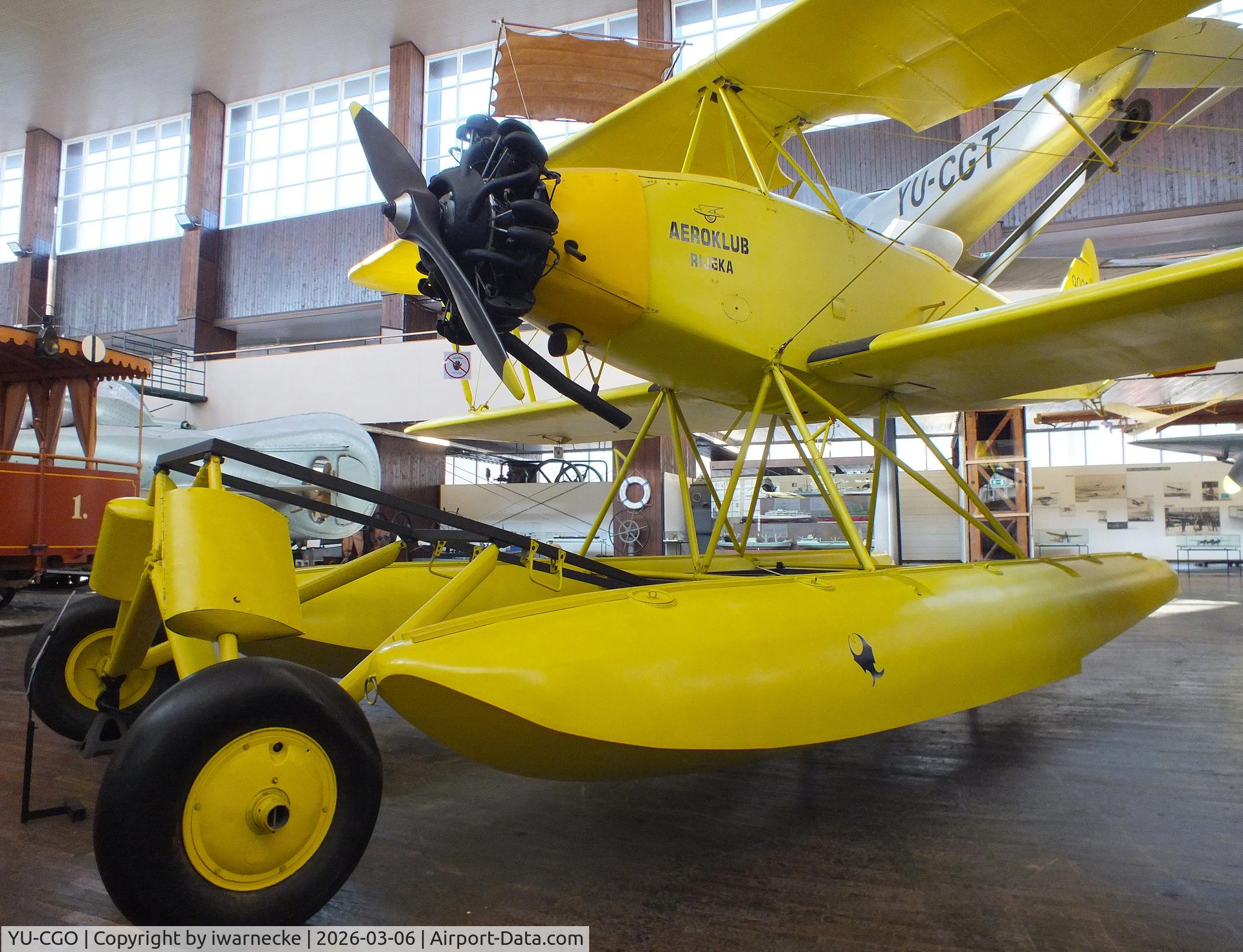 Aircraft YU-CGO, Zmaj Fizir FN Hydro, c/n 9002, Zmaj Fizir FN Hydro on floats (with wheel landing gear displayed in front of the floats) at the Technical Museum Nikola Tesla, Zagreb, photo by iwarnecke