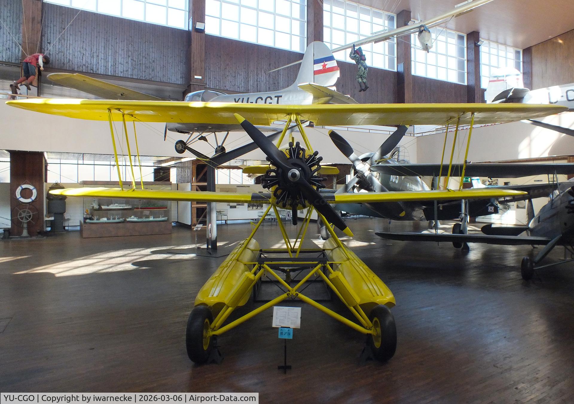 Aircraft YU-CGO, Zmaj Fizir FN Hydro, c/n 9002, Zmaj Fizir FN Hydro on floats (with wheel landing gear displayed in front of the floats) at the Technical Museum Nikola Tesla, Zagreb, photo by iwarnecke
