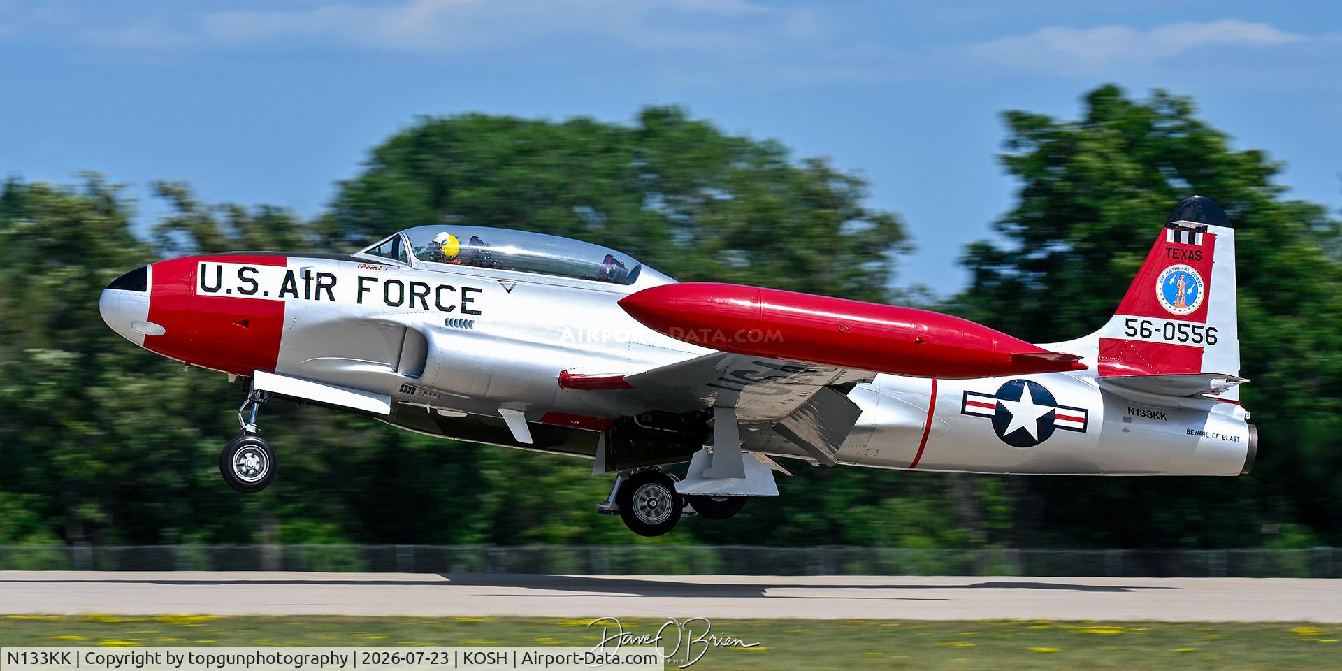 Aircraft N133KK, Canadair T-33AN Silver Star 3, c/n T33-556, TX ANG painted T-33, at KOSH, photo by topgunphotography