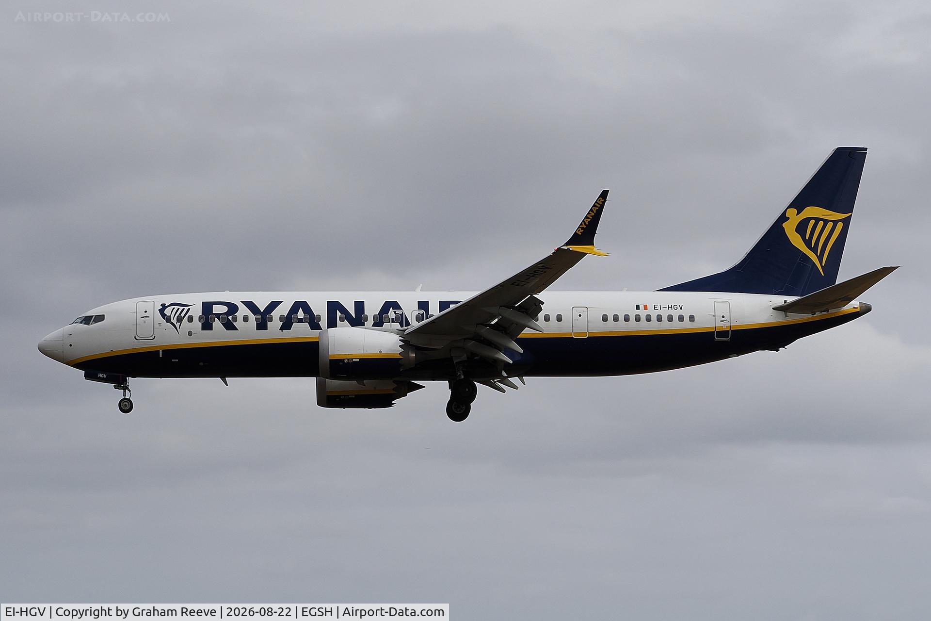 Aircraft EI-HGV, 2021 Boeing 737-8 MAX 200, c/n 62329 l/n 8102, Landing at Norwich., at EGSH, photo by Graham Reeve