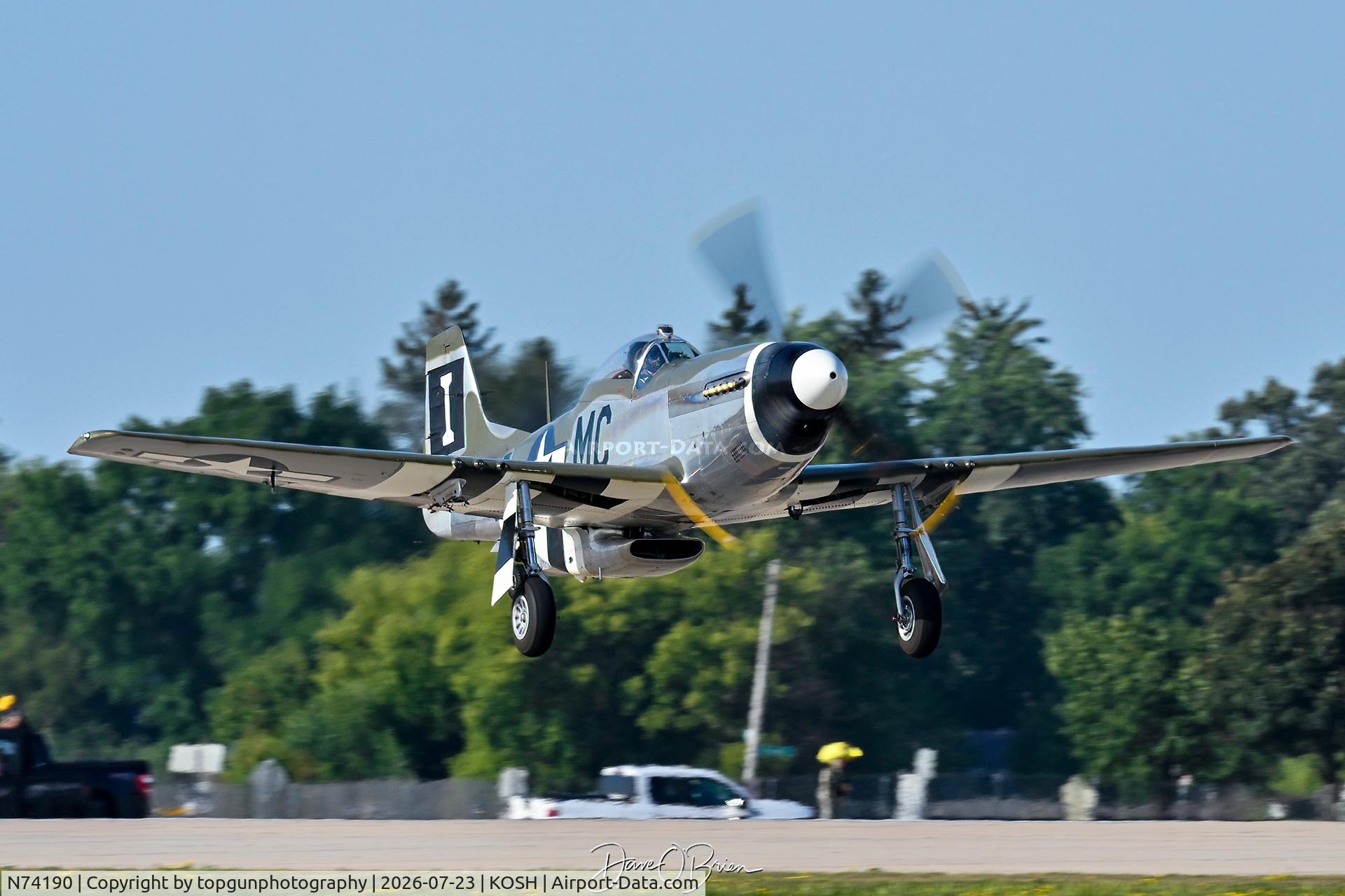 Aircraft N74190, 1944 North American F-51D Mustang, c/n 44-75452, Happy Jacks departs for the Heritage Demo, at KOSH, photo by topgunphotography