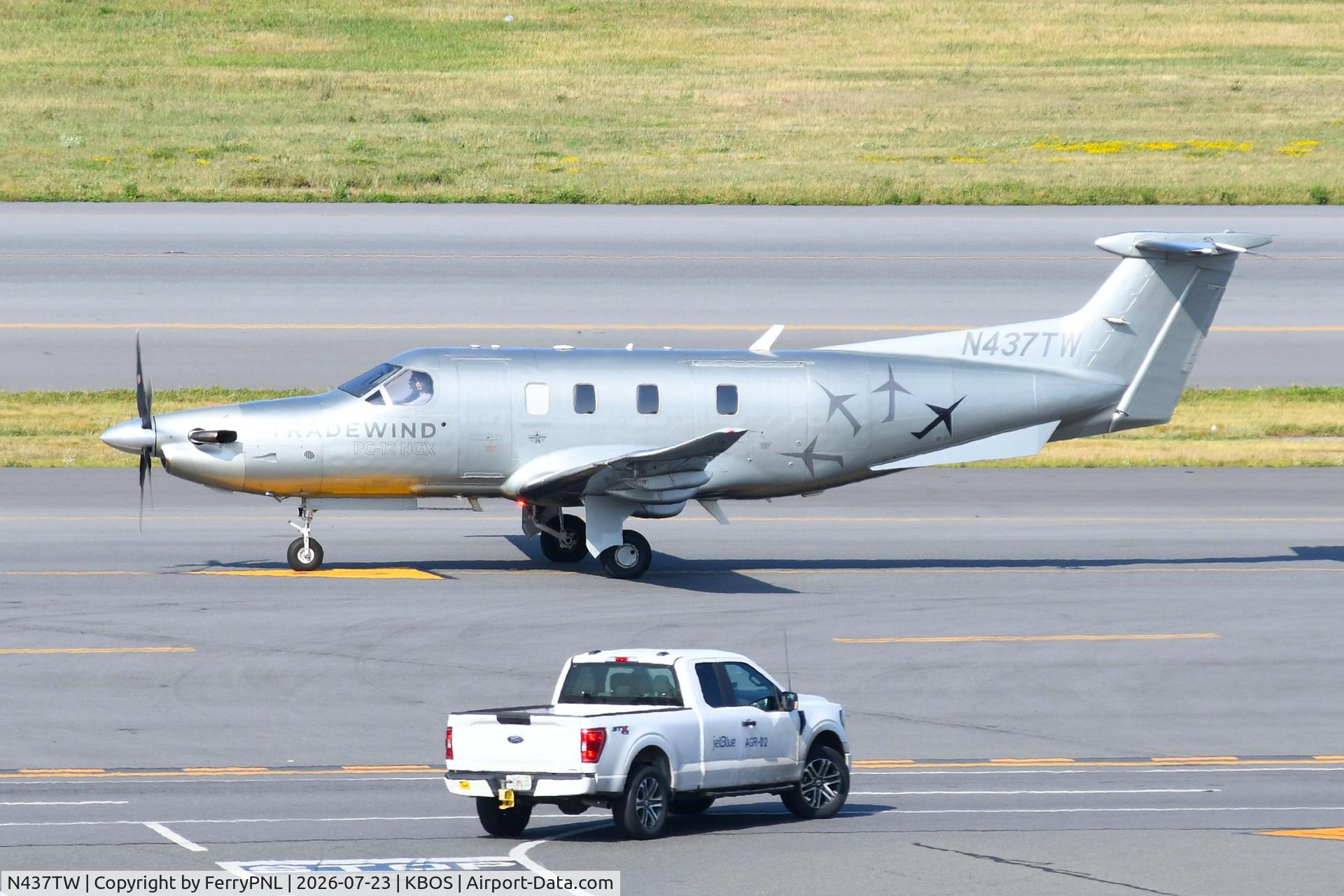 Aircraft N437TW, 2024 Pilatus PC-12NGX, c/n 2351, Tradwind Aviation PC12 taxying in, at KBOS, photo by FerryPNL