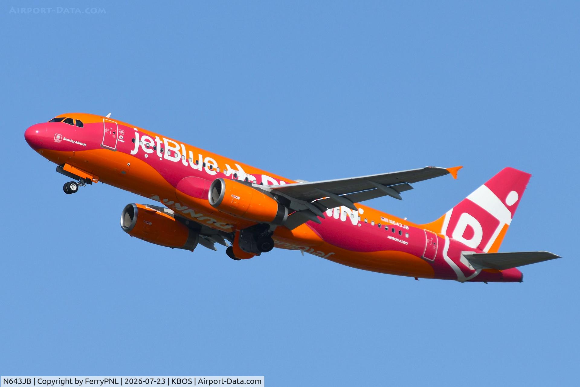 Aircraft N643JB, 2006 Airbus A320-232, c/n 2871, JetBlue in Dunkin outfit, at KBOS, photo by FerryPNL